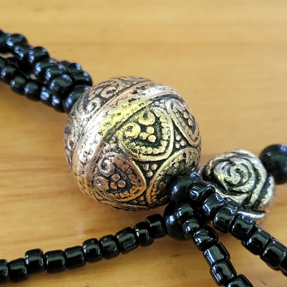 Vintage Black Glass Seed Bead Multi Strand Necklace 925 Silver Clasp 38"